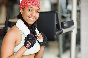 A woman wearing a scarf at the gym
