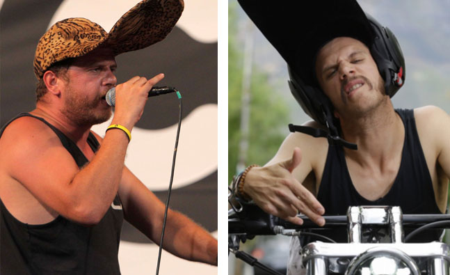 Left: Jack Parow performs in January, 2014. Right, Jack Parow at the launch of his biography "Die Ou Met die Snor by die Bar" in October 2015.