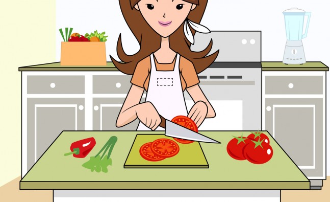 Woman chopping vegetables, vector illustration