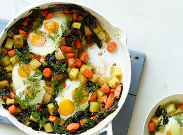 Spicy Hash with Eggs and Green Goddess Hollandaise
